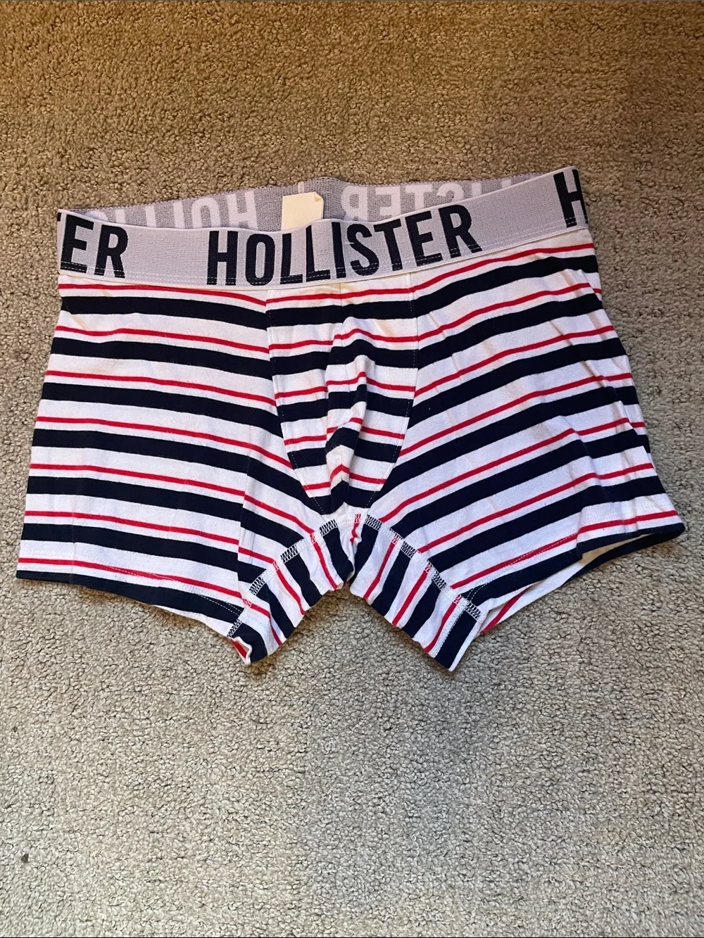 Hollister Men's Navy, White & Red Striped Boxer Briefs